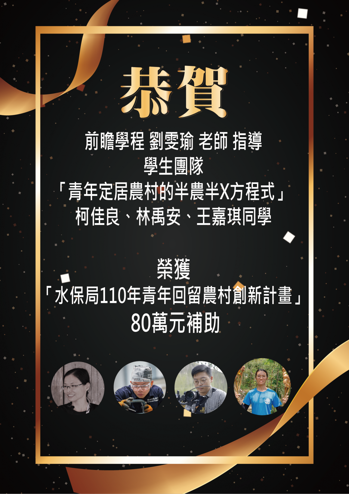 劉雯瑜指導學生團隊「青年定居農村的半農半X方程式」獲得水保局110年青年回留農村創新計劃補助80萬 劉雯瑜指導學生團隊「青年定居農村的半農半X方程式」獲得水保局110年青年回留農村創新計劃補助80萬